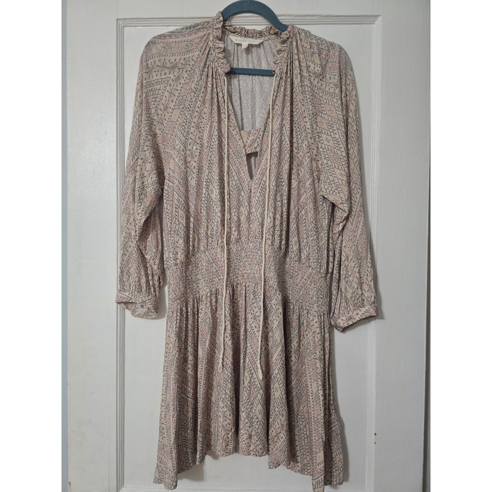 Soft Joie Suki Long Sleeve Geo Print Smocked Waist Pullover Mini Dress Large